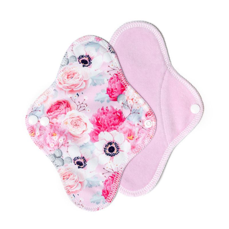 Zwei Stoffbinden mit floralem Muster. Eine Seite rosa, die andere mit Blumen bedruckt. Druckknöpfe zum Befestigen.