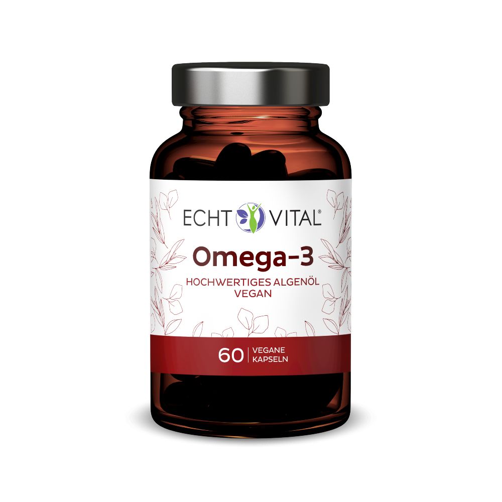 Braune Glasflasche mit schwarzen Kapseln. Etikett mit Schriftzug "Echt Vital Omega-3 vegan". 60 Kapseln.
