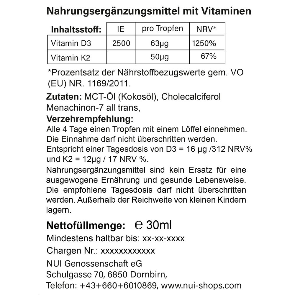 NUI Vitamin D3&K2 2.500Ie 3x30 ml Tropfen zum Einnehmen