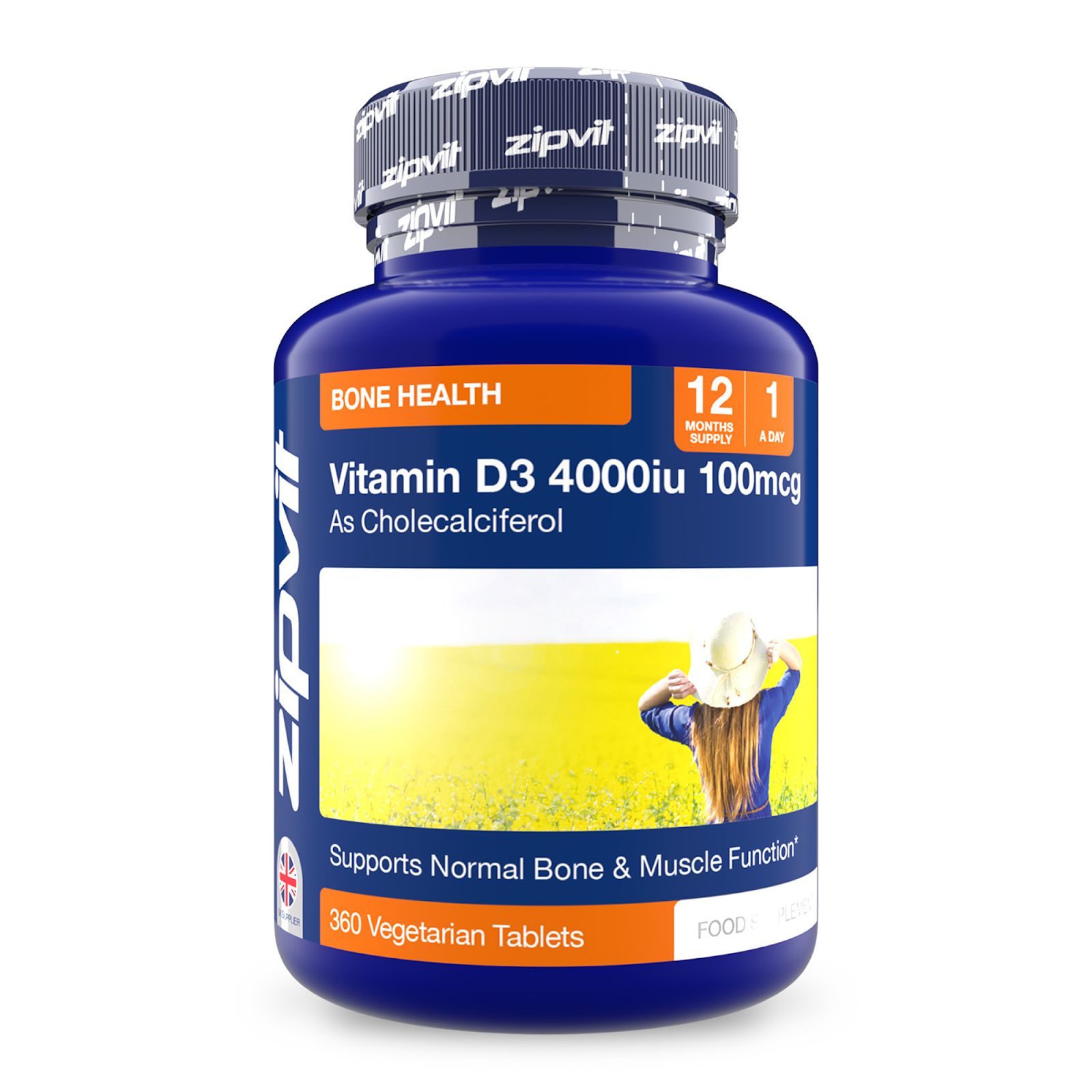 Blaue Flasche Zipvit Vitamin D3. Text: 360 vegetarische Tabletten. 12 Monate Vorrat. Etikett mit Produktinformationen.