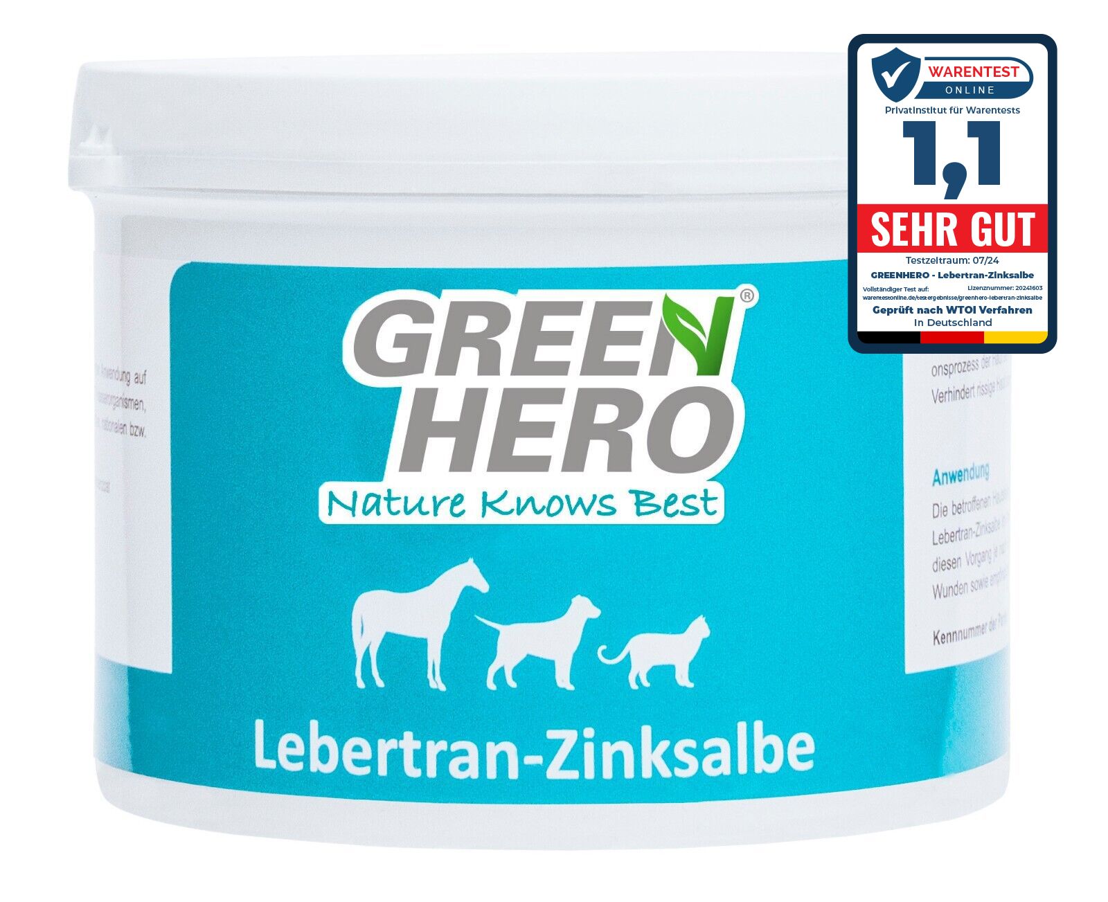 Weißer Tiegel mit blauem Etikett. Aufschrift: GREEN HERO, Lebertran-Zinksalbe. Siegel: Sehr gut.