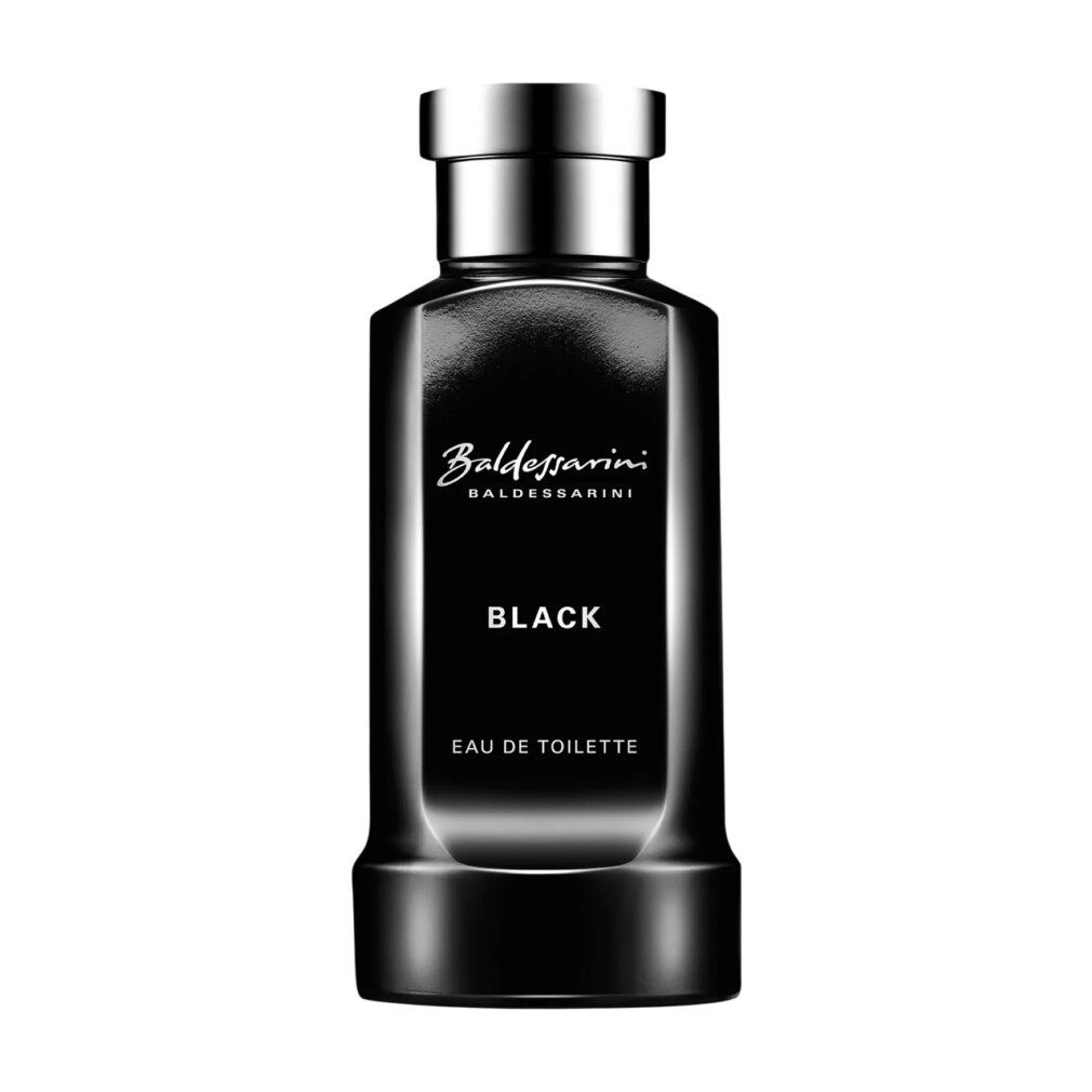 Schwarzer Baldessarini Black Eau de Toilette Flakon mit silbernem Verschluss.