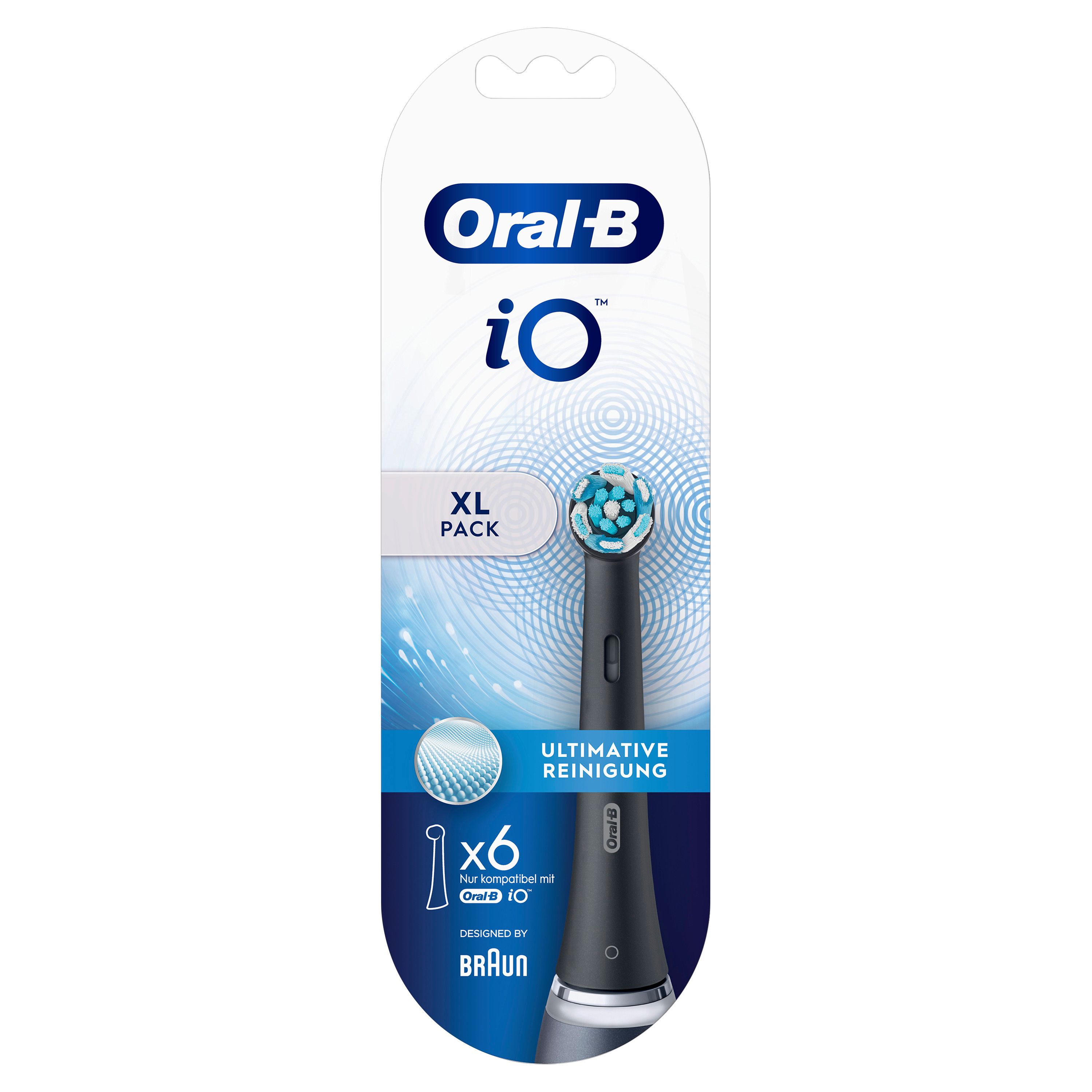 Oral-B iO Aufsteckbürsten, schwarz. XL Packung. Text: Ultimative Reinigung. Kompatibel mit iO.