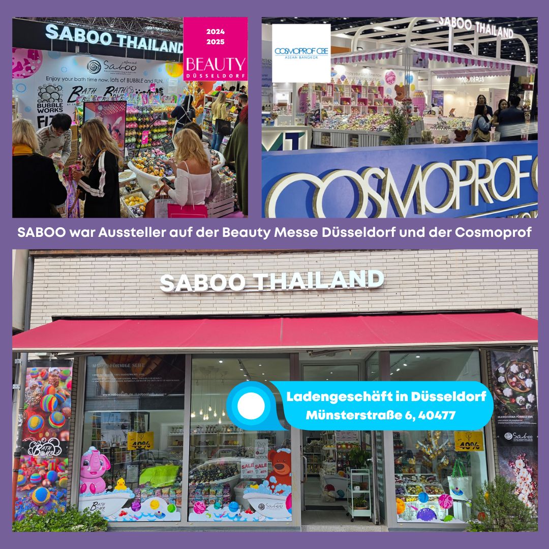 Fotos von Messen und einem Ladengeschäft. Text: Saboo Thailand, Beauty Düsseldorf, Cosmoprof. Adresse.