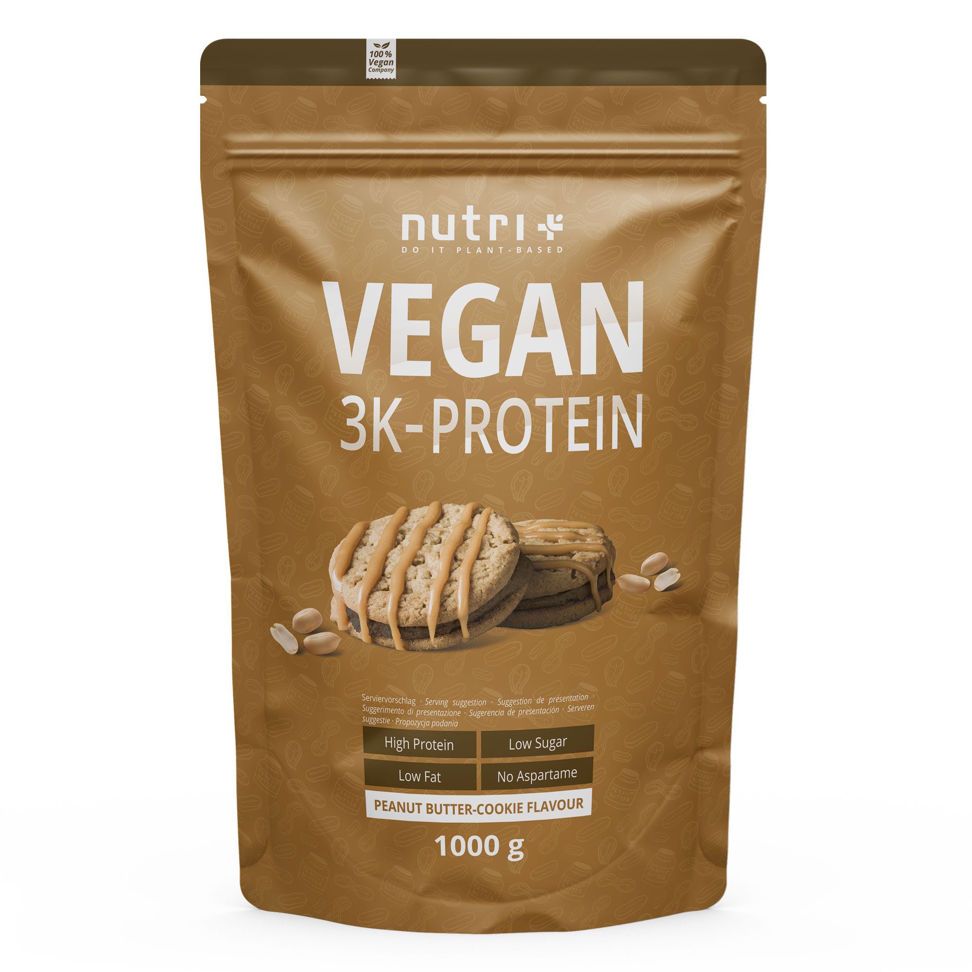 Braune Standbeutel mit Aufdruck. Schriftzug: VEGAN 3K-PROTEIN. Abbildung von Erdnussbutter-Keksen. 1000 g.