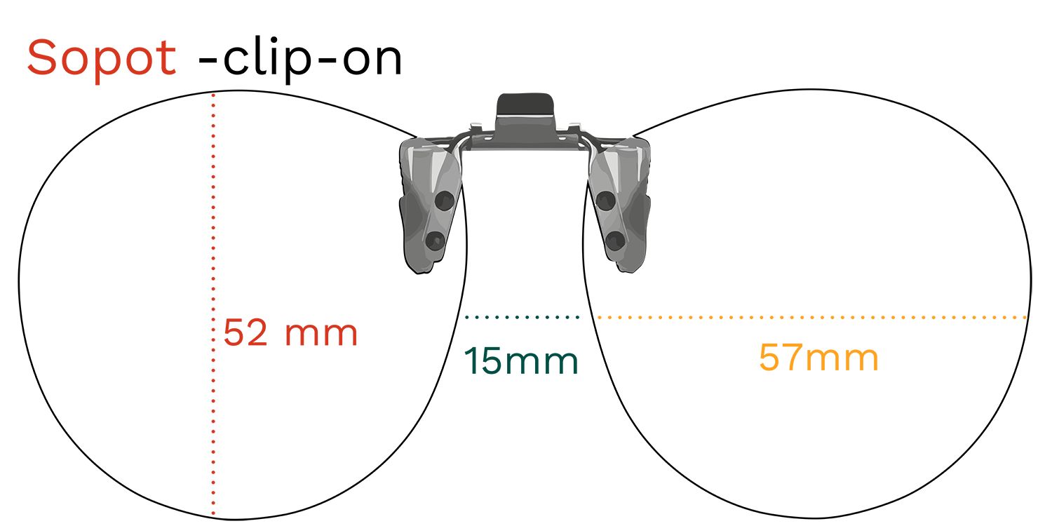 Montana Eyewear Sopot Clip-on-Sonnenbrille. Abmessungen: 52mm, 57mm, 15mm. Ohne Gläser, mit Größenangaben.