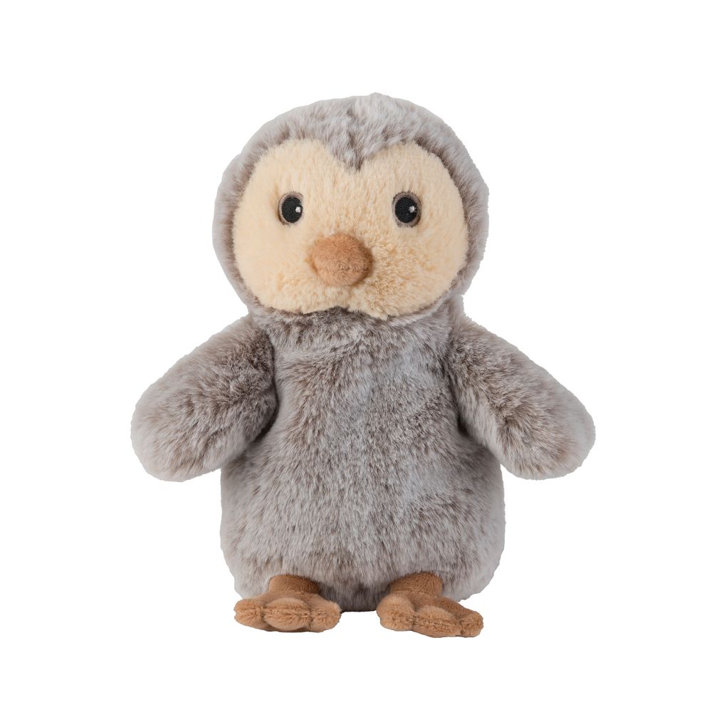 Grauer Stoff-Eulen-Plüsch mit beigem Gesicht und Füßen. Schwarze Augen, brauner Schnabel. Steht aufrecht.