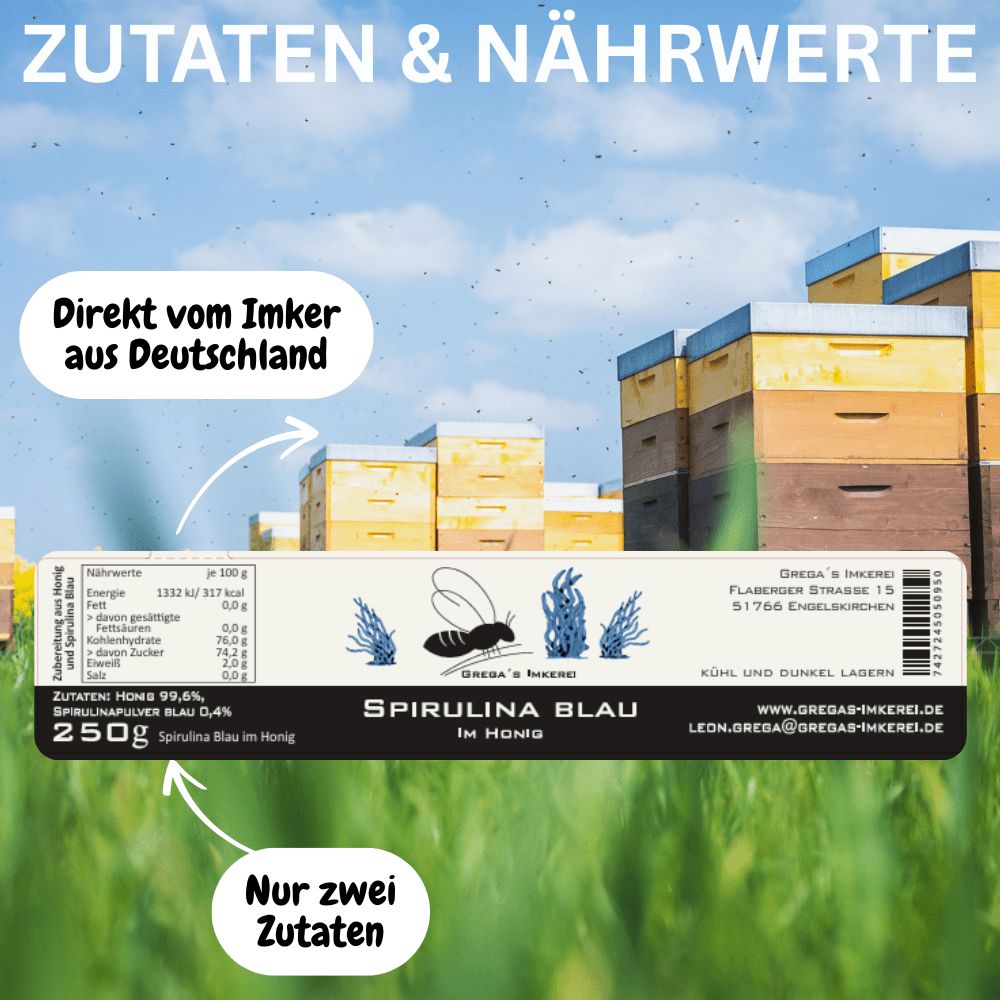 250g Dose Spirulina Blau im Honig mit Nährwertangaben und Bienenmotiv.