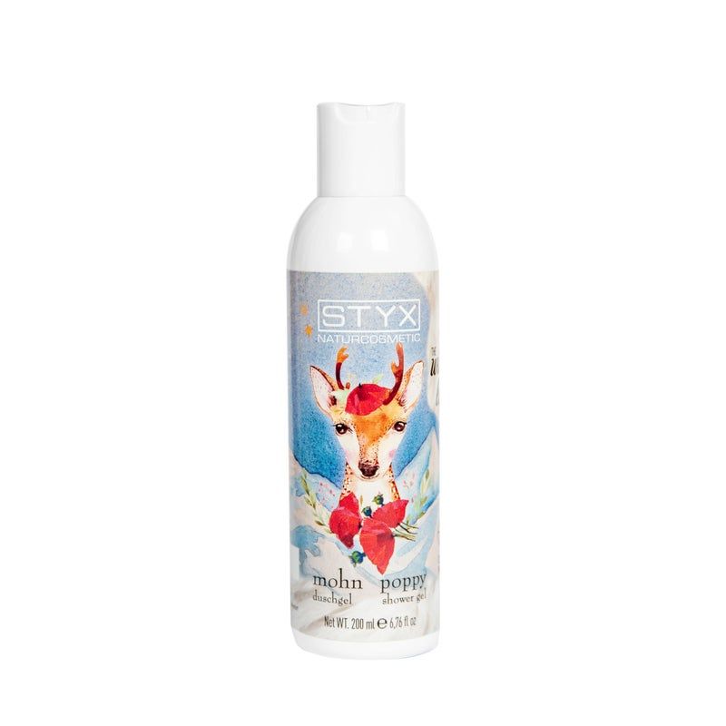 Weiße Flasche mit STYX-Logo und Wintermotiv. Abgebildet ist ein Reh mit Mohnblumen. Text: Mohn Duschgel, 200 ml.