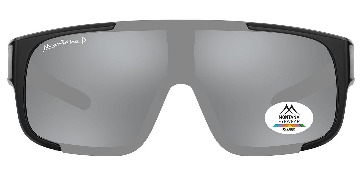 Sonnen-Überbrille mit grau getönten Gläsern. Schwarzer Rahmen mit Montana Eyewear Logo. Polarisiert-Aufkleber.