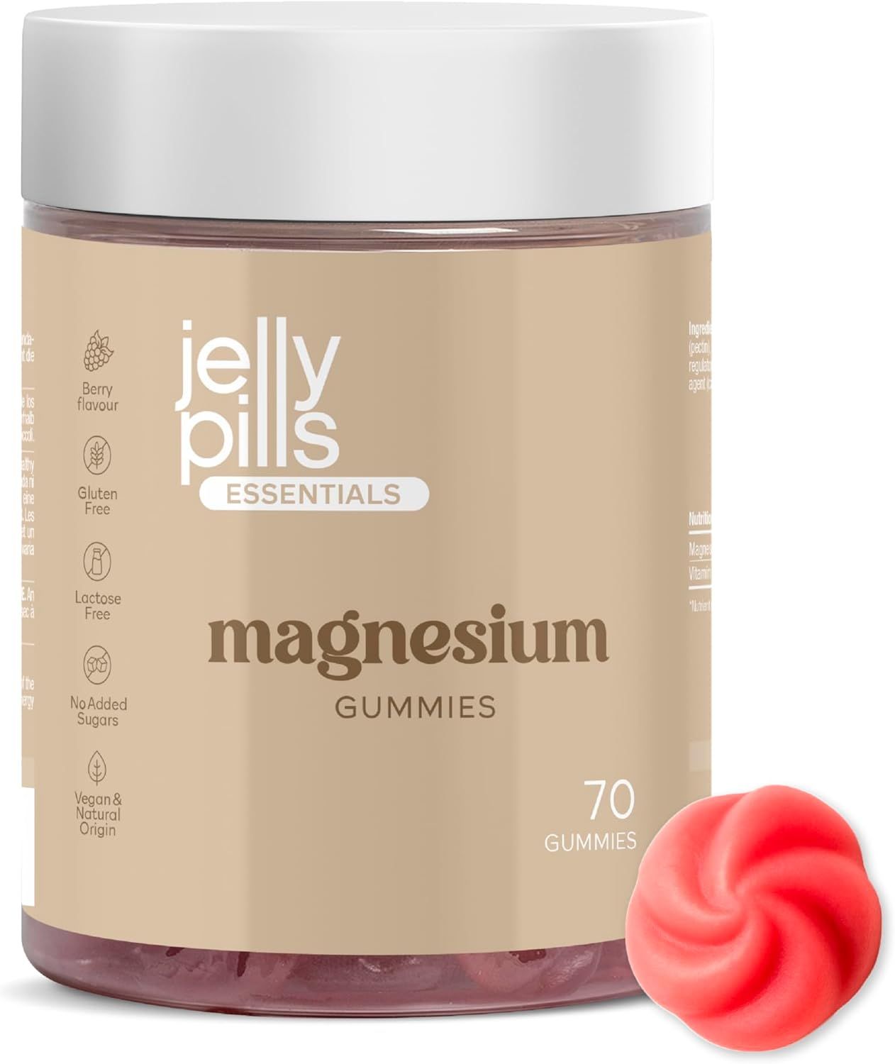 Behälter mit Jelly Pills Magnesium Gummibärchen. 70 Stück. Ein Gummibärchen liegt daneben.