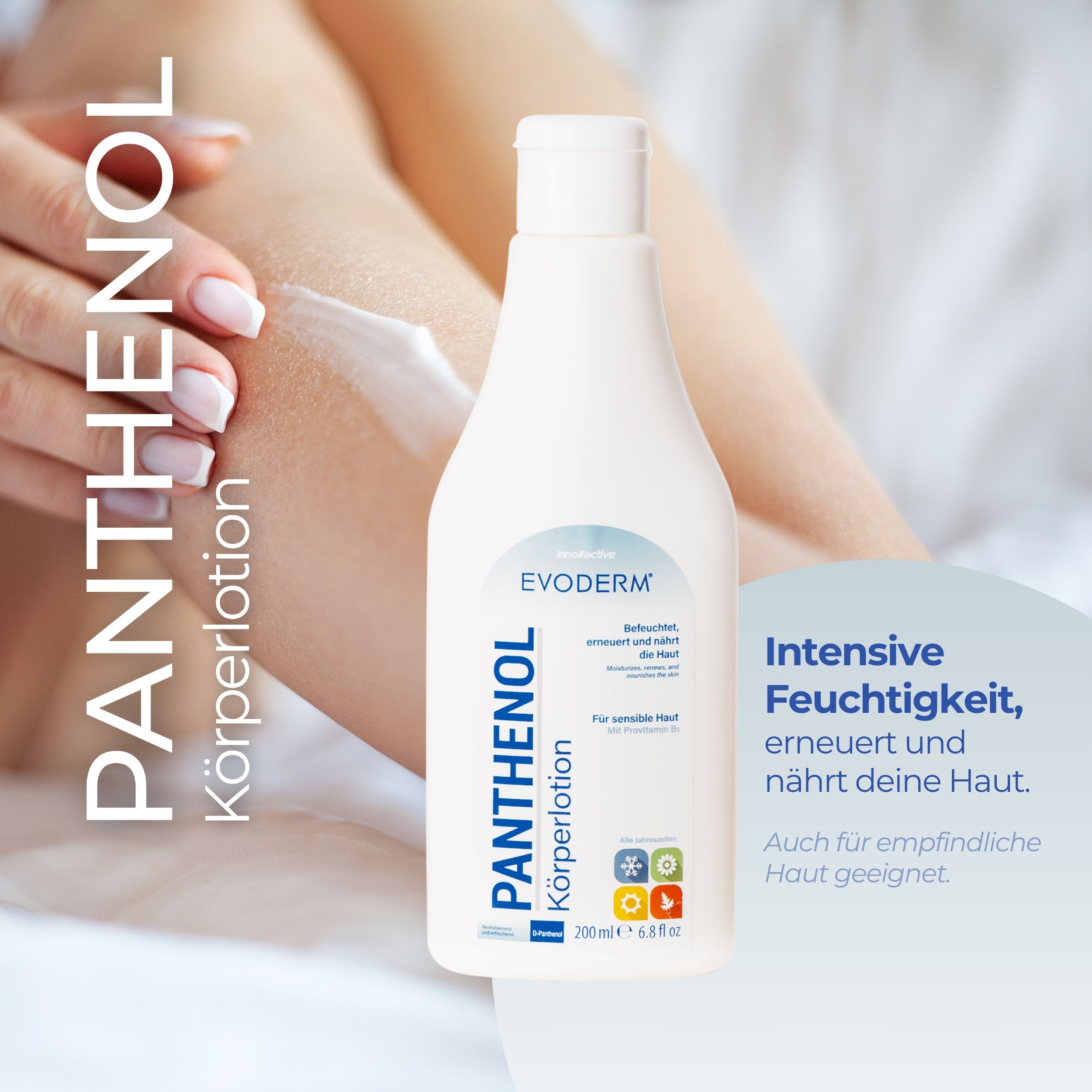 EVODERM Panthenol Körperlotion, Flasche. Weiße Flasche, Produkt wird auf die Haut aufgetragen. Text: Intensive Feuchtigkeit, erneuert und nährt.