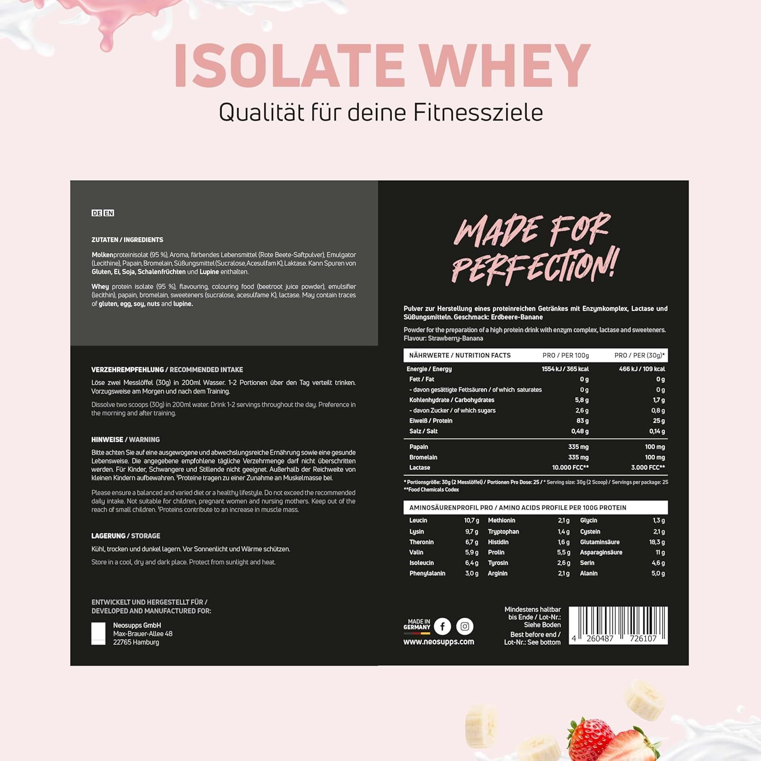 Schwarze Dose "ISOLATE WHEY" mit Zutatenliste. Aufschrift: Made for Perfection! Erdbeer-Banane.