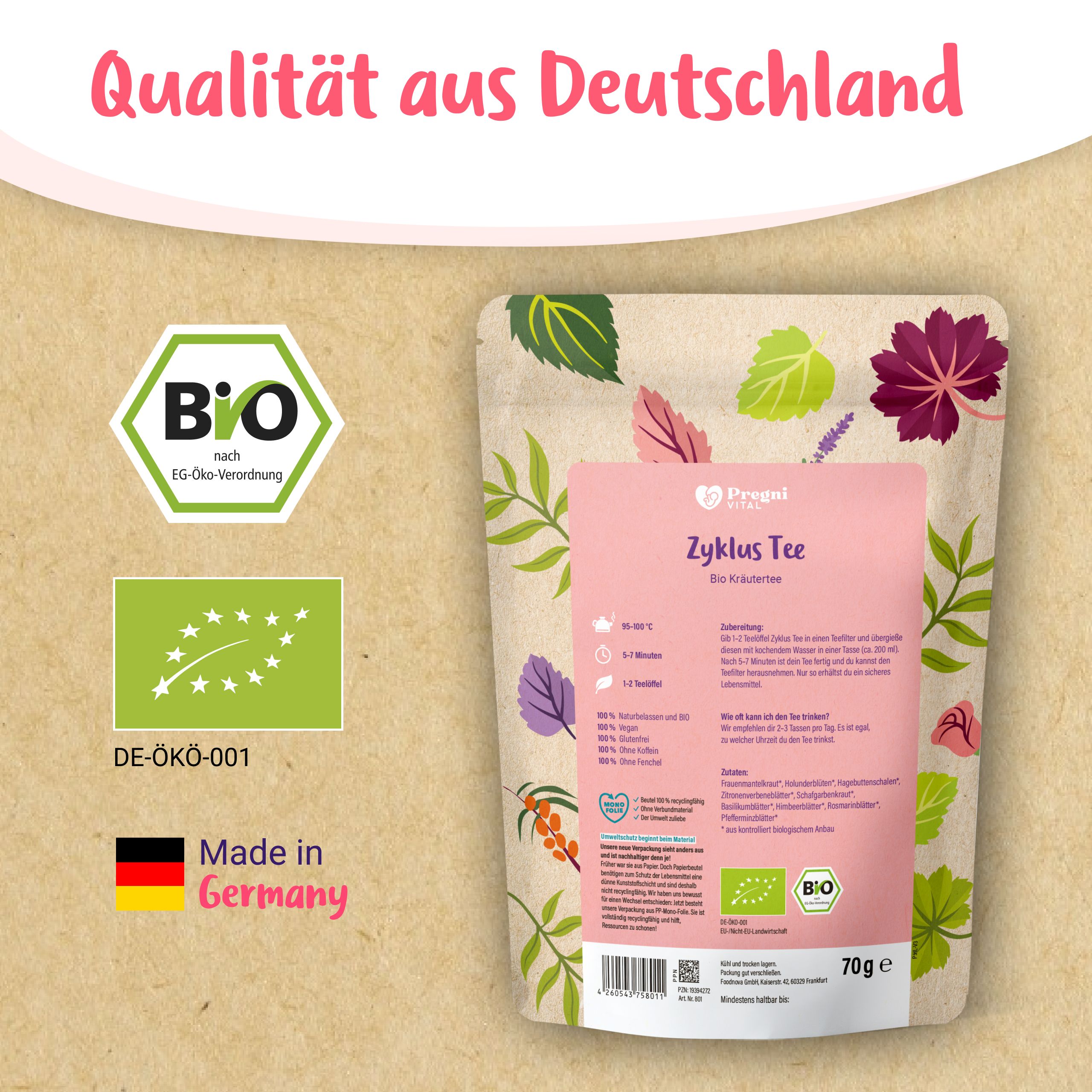 BIO Zyklustee Beutel mit deutschen und BIO-Siegeln, Made in Germany.