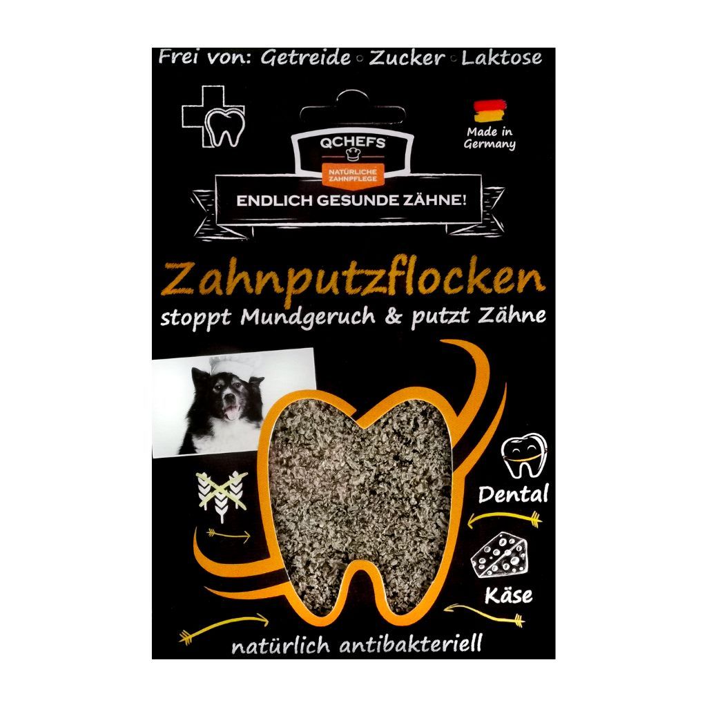 Schwarze Verpackung von QCHEFS Zahnputzflocken. Enthält Produktbild, Logo, Text und Illustrationen.