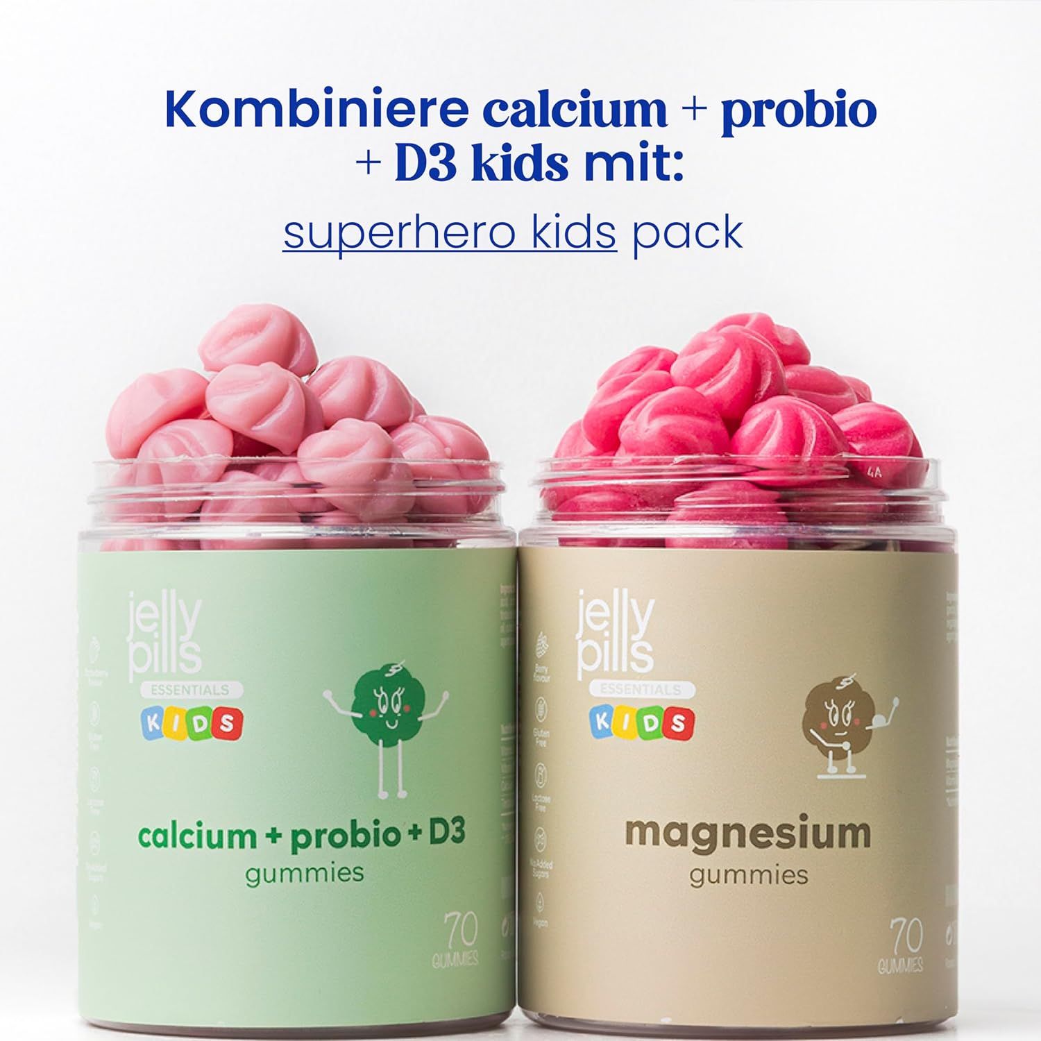 Zwei Gläser: 'Jelly Pills Essentials Kids Calcium + Probio + D3 Gummies' und 'Magnesium Gummies'. Beide mit 70 Gummies.
