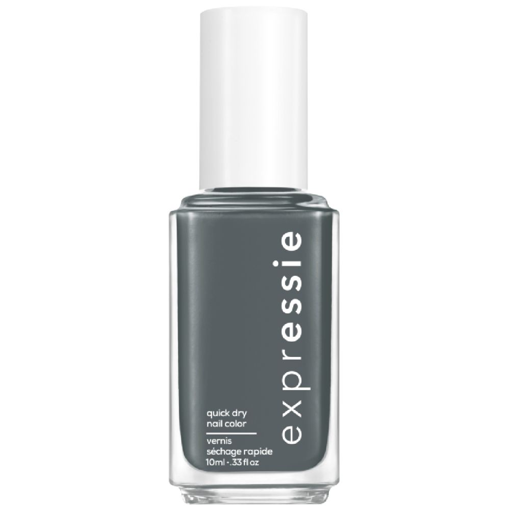 Essie Expressie Nagellack-Fläschchen. Graue Farbe. Weißer Deckel. Beschriftung.