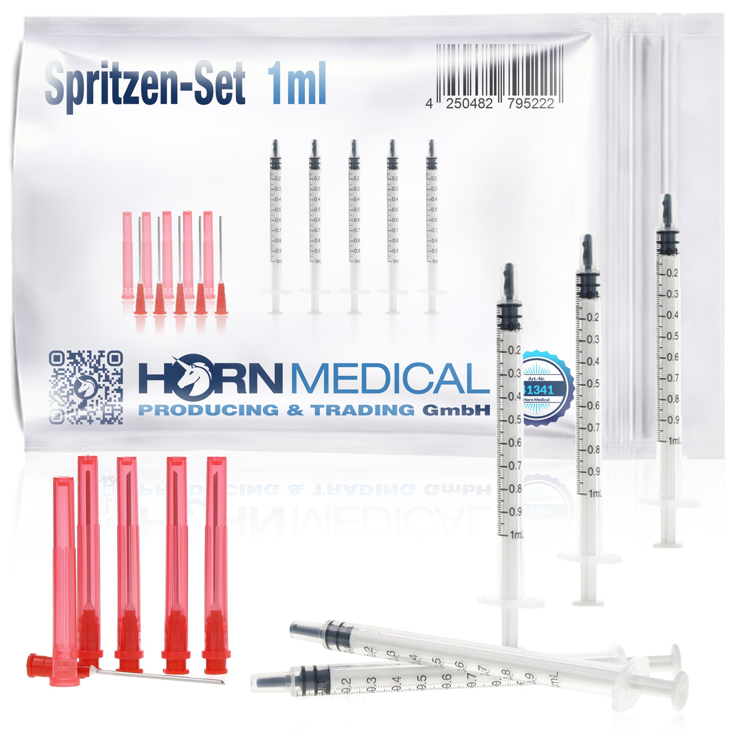 Spritzen-Set 1ml, Horn Medical. Mehrere Spritzen und Nadeln in Verpackung. Aufschrift: Horn Medical, 1ml, Feindosierspritzen.