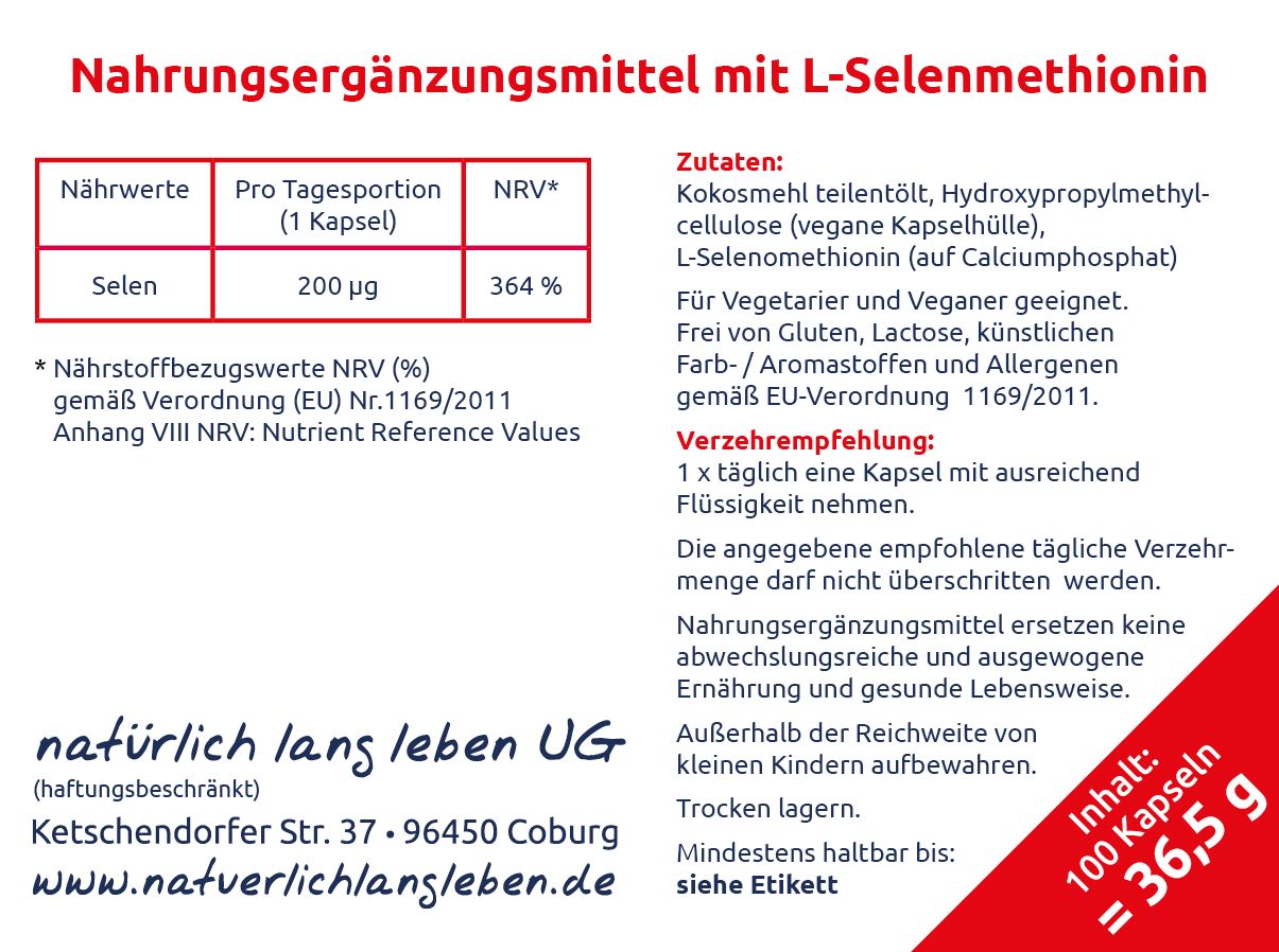 Rückseite einer Produktverpackung. Text mit Nährwertangaben, Zutaten, Verzehrempfehlung und Warnhinweisen. Enthält 100 Kapseln.