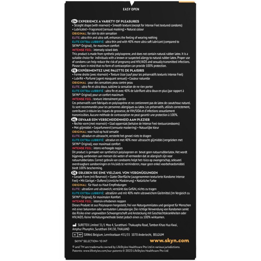 Rückseite der schwarzen Schachtel. Text in mehreren Sprachen. Enthält Informationen zu den Kondomen und deren Eigenschaften.