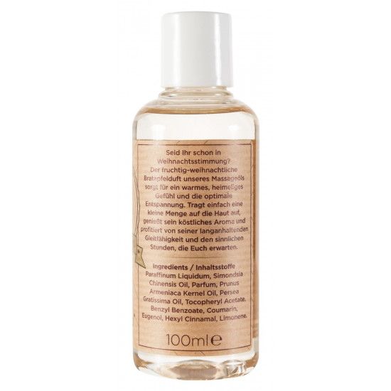 Rückseite einer Flasche "Bratapfel Massageöl". Text über Inhaltsstoffe und Anwendung. 100ml. Weißer Deckel.