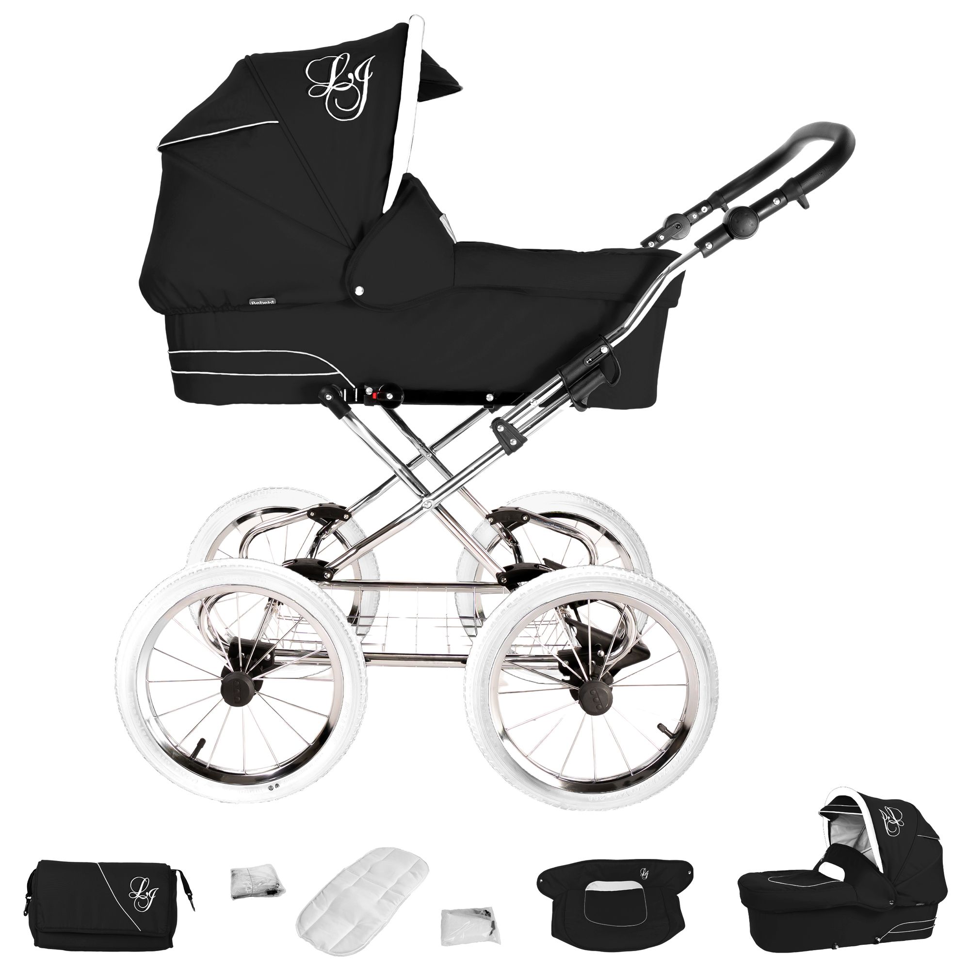 Bebebi Loving 4 in 1 Kinderwagen Komplettset ISOFIX Basis Nostalgie Kinderwagen, Black Tender