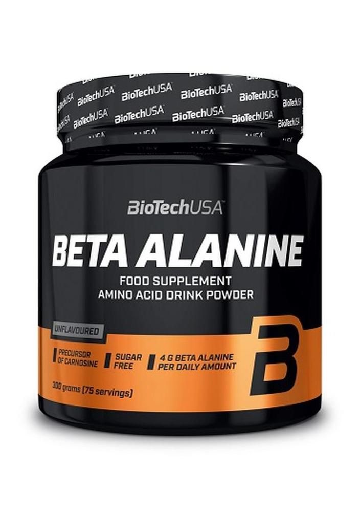 Schwarze Dose mit weißer Aufschrift BETA ALANINE. Orangefarbener Streifen mit Text. Marke: BioTechUSA. Pulverform, 300g.
