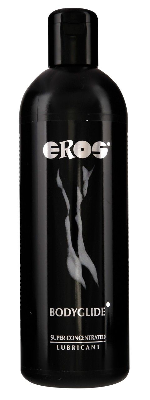 Schwarze Flasche mit weißem Logo und Schriftzug. Aufschrift: EROS, BODYGLIDE, SUPER CONCENTRATE LUBRICANT. Abgebildet ist eine weibliche Silhouette.
