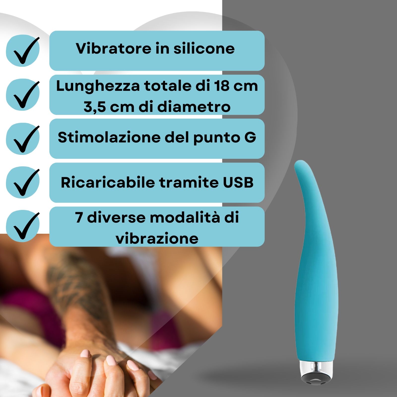 Vibratore blu in silicone. Testo: Vibratore in silicone, 18cm, 3,5cm diametro, stimolazione punto G, ricaricabile USB, 7 modalità.
