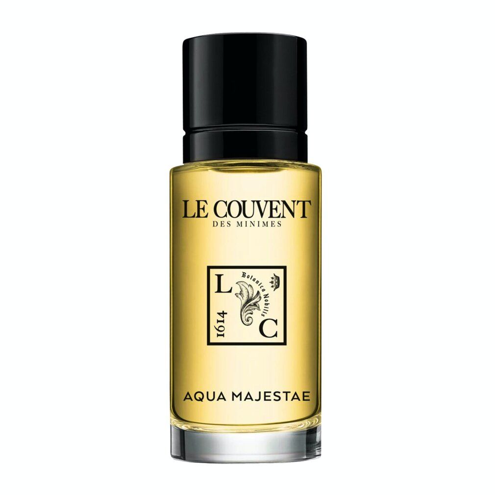 Aqua Majestae Eau de Toilette Flakon. Aufschrift: Le Couvent des Minimes, Aqua Majestae. Schwarzer Verschluss, transparente Flüssigkeit.