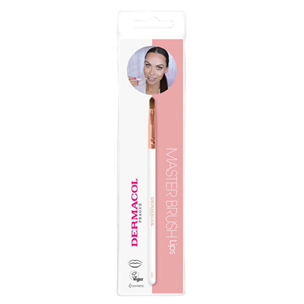 Make-up Pinsel in Verpackung. Weißer Griff, goldfarbene Zwinge, rosa Borsten. Aufdruck: Dermacol, Master Brush Lips.