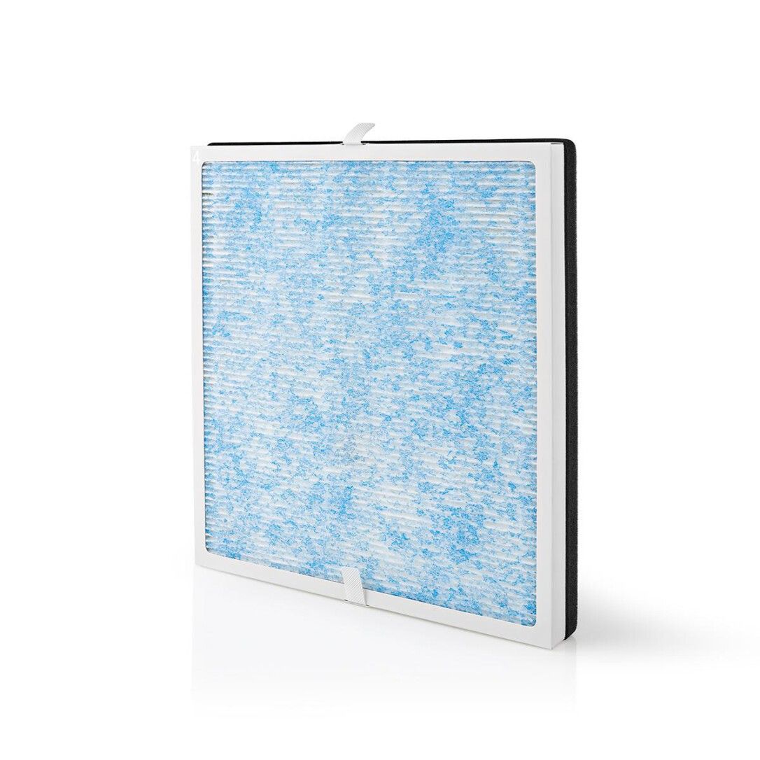 Luftfilter mit blauem, gesprenkeltem Filtermedium. Schwarzer Rahmen mit weißem Gitter. Quadratische Form.