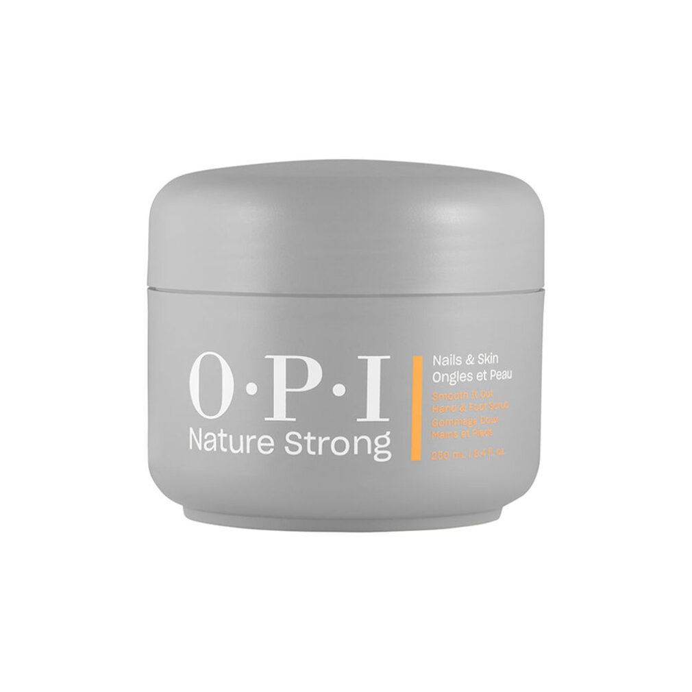 Graue Dose mit O.P.I Nature Strong Aufschrift. Text: Nails & Skin. Orangefarbener Streifen.