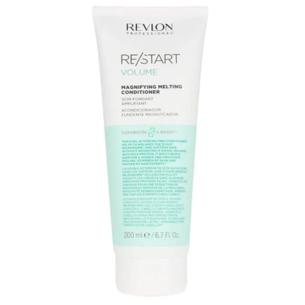 Weißer Conditioner-Tuben mit grünen Akzenten. Aufschrift: RE/START VOLUME, MAGNIFYING MELTING CONDITIONER. 200 ml.