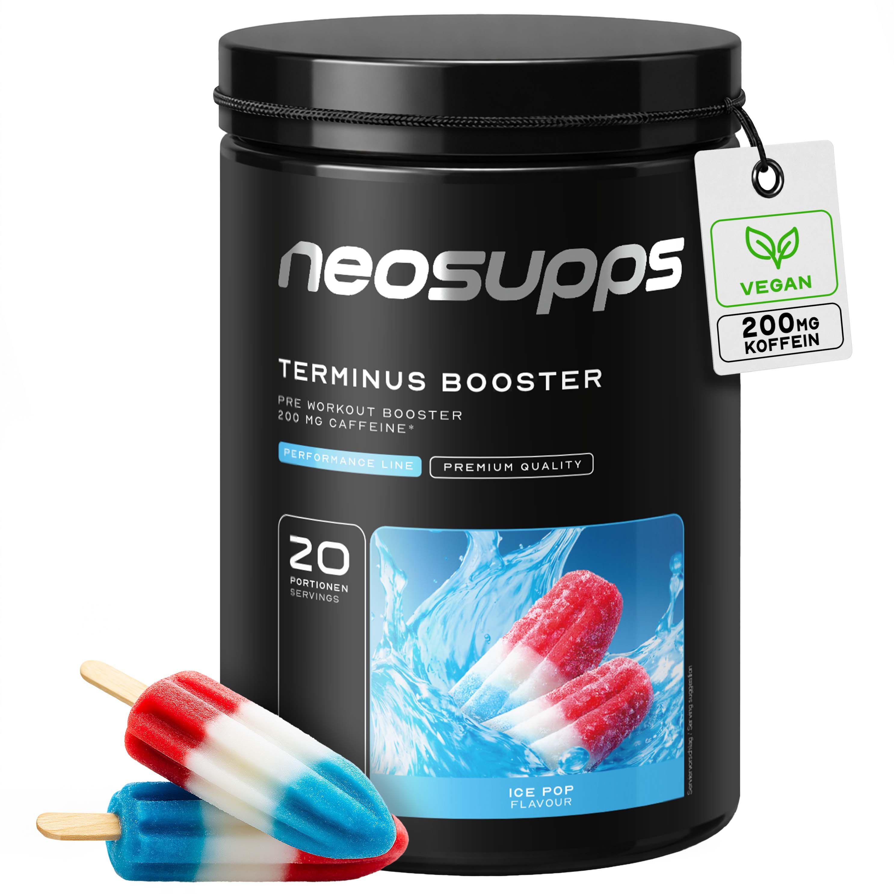 Neosupps Terminus Booster Dose mit Eis am Stiel und Wasser-Splash. Vegan, 200mg Koffein.