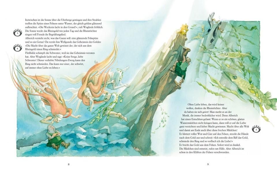 Doppelseite aus dem Buch "Das Rheingold". Illustration mit Figuren, Felsen und Wasser. Text in deutscher Sprache.