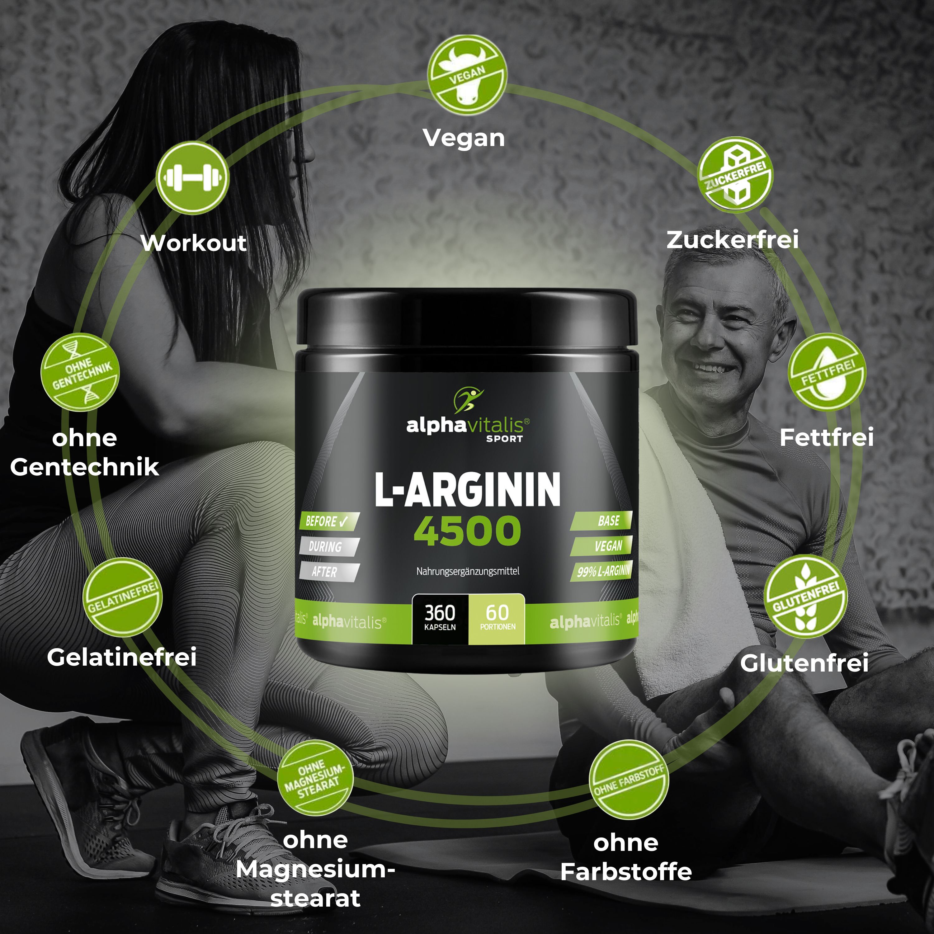 Dose mit L-Arginin 4500, umgeben von Symbolen: vegan, zuckerfrei, fettfrei, glutenfrei, ohne Gentechnik, gelatinefrei, ohne Magnesiumstearat, ohne Farbstoffe.