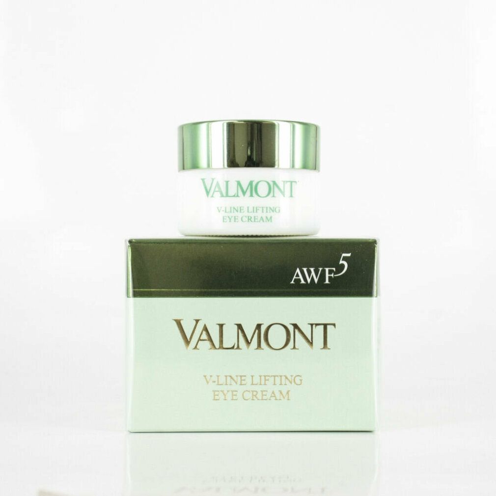 Valmont v-Line Lifting Eye Cream auf Verpackung. Grün-weiße Farben. AWF5-Logo.