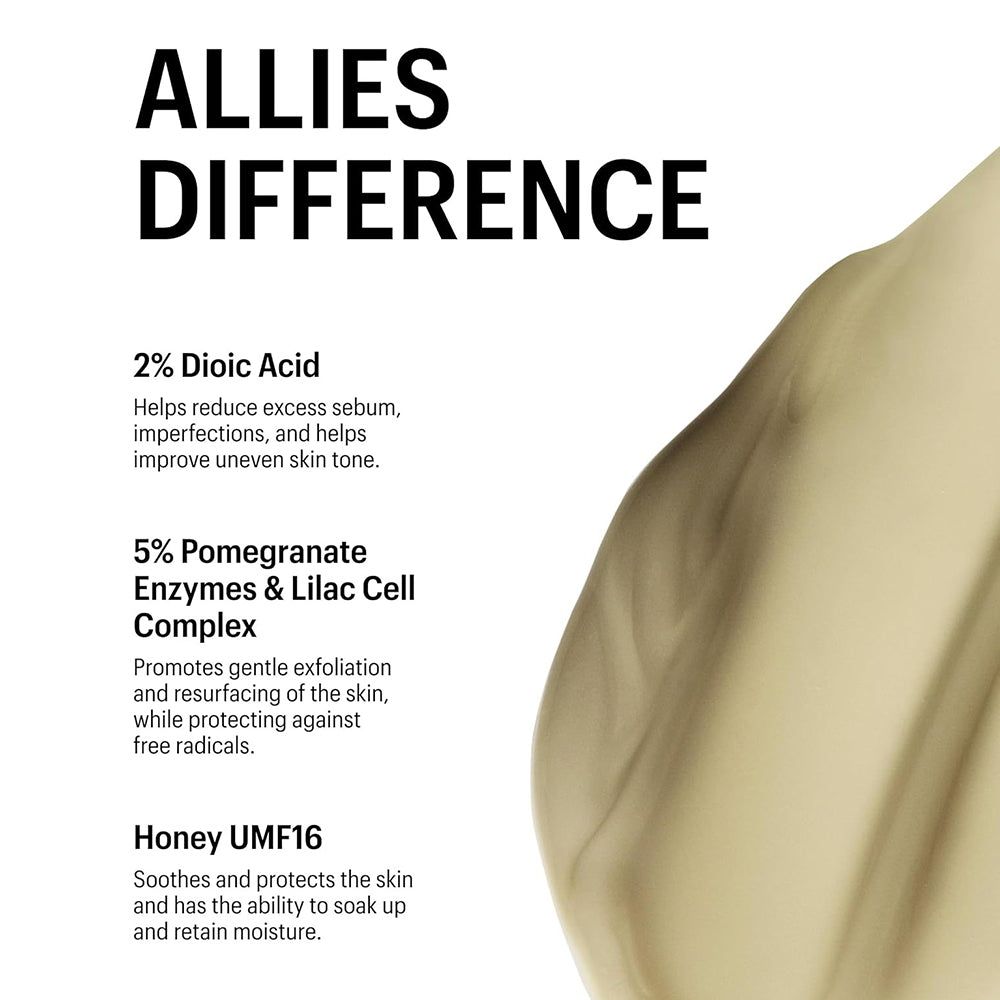 Text: 2% Dioic Acid, 5% Pomegranate Enzymes & Lilac Cell Complex, Honey UMF16. Beschreibt Hautpflegevorteile.