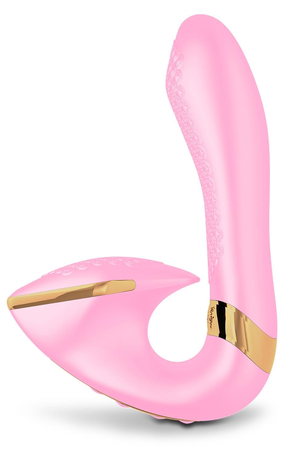 Rosa Vibrator mit goldfarbenen Akzenten. Geschwungene Form mit strukturierten und glatten Bereichen.