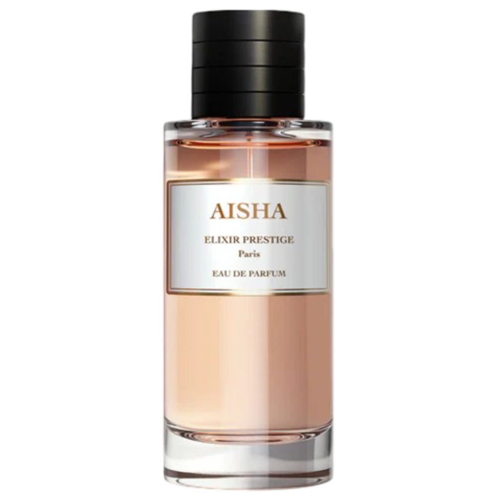 Parfümflakon mit schwarzem Deckel. Weißes Etikett mit "AISHA" und "Elixir Prestige". Glasflasche mit rosafarbenem Inhalt.