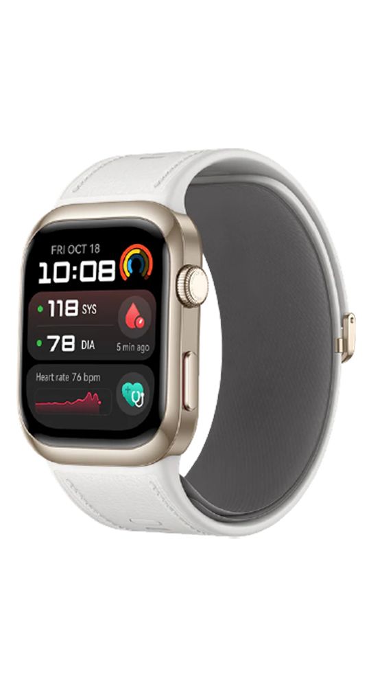 Smartwatch mit weißem Armband und goldenem Gehäuse. Zeigt Uhrzeit, Herzfrequenz und Blutdruckwerte auf dem Display.