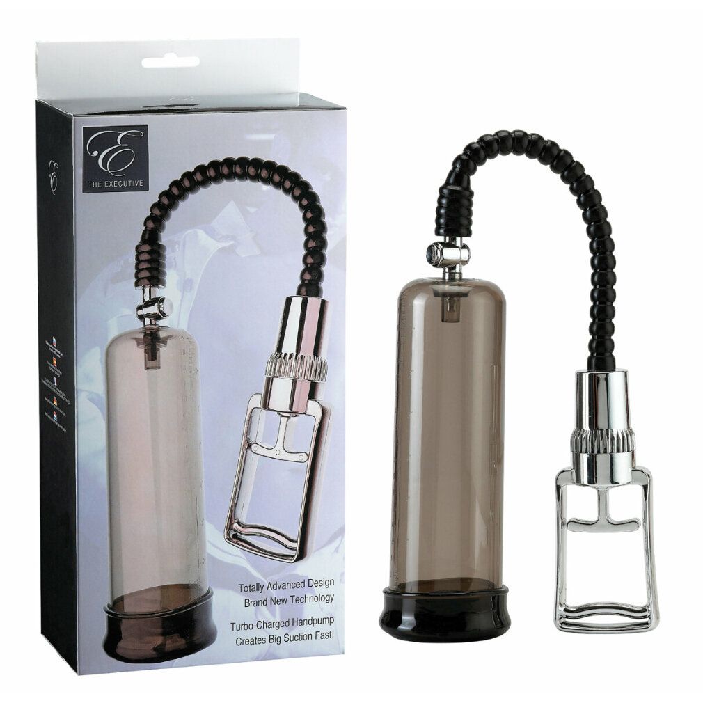 Pumpe mit schwarzem Schlauch und Griff. Verpackung mit Logo und Text. Transparentes Gehäuse, schwarzer Sockel.