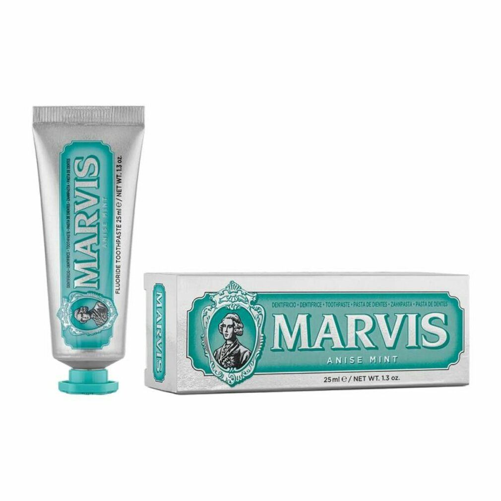 Zahnpasta-Tube und Schachtel. Tube silberfarben mit türkisfarbenen Akzenten. Schachtel weiß mit türkisfarbenem Logo. Aufschrift: MARVIS, Anise Mint.