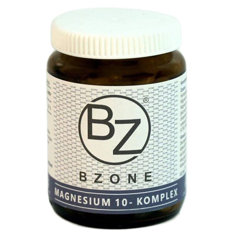 Braune Glasflasche mit weißem Deckel. Etikett mit BZ-Logo und "Magnesium 10-Komplex".