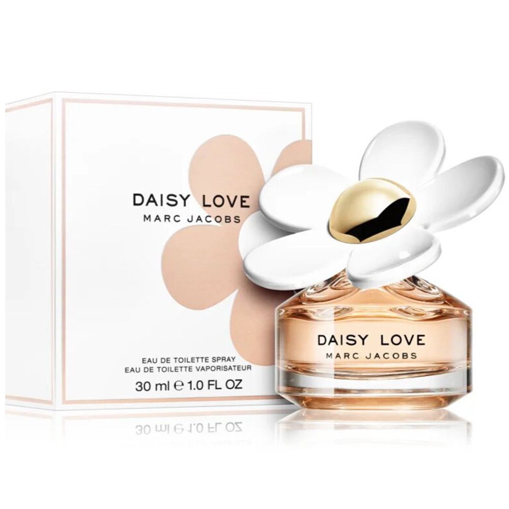 Parfümflakon mit blütenförmigem Deckel und Verpackung. Aufschrift: Daisy Love Marc Jacobs. 30 ml.