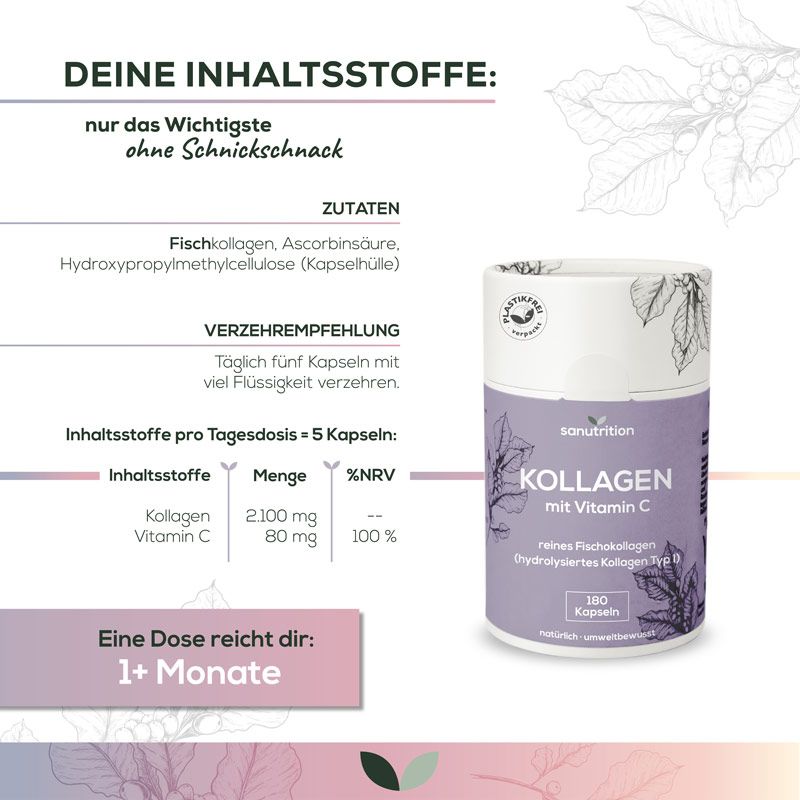 Infografik mit Sanutrition Kollagen Dose. Informationen zu Inhaltsstoffen, Dosierung und Nährwerten. 1+ Monat Vorrat.