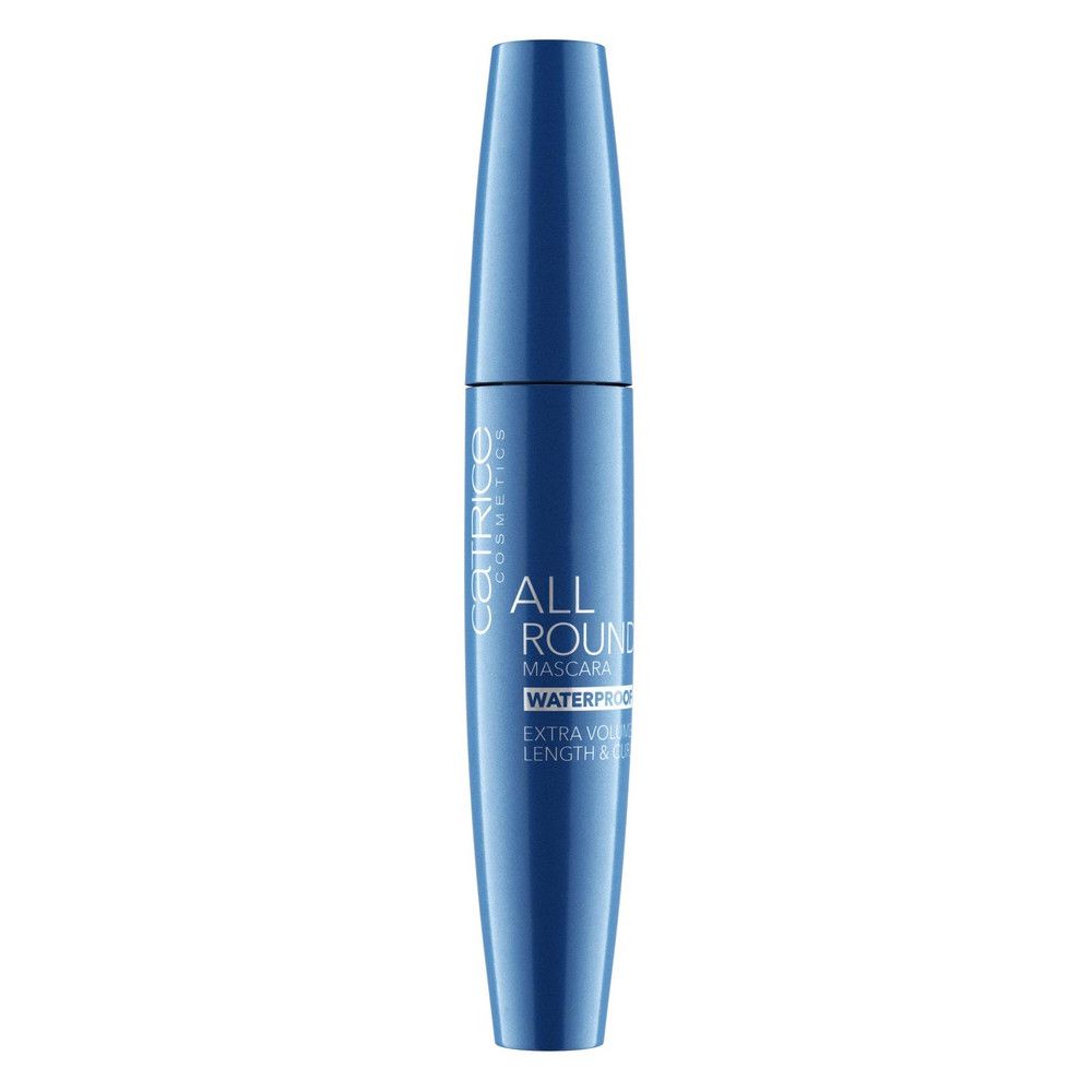 Blaue Mascarahülse. Aufschrift: ALL ROUND, WATERPROOF, EXTRA VOLUME & LENGTH. Vertikale Ansicht.