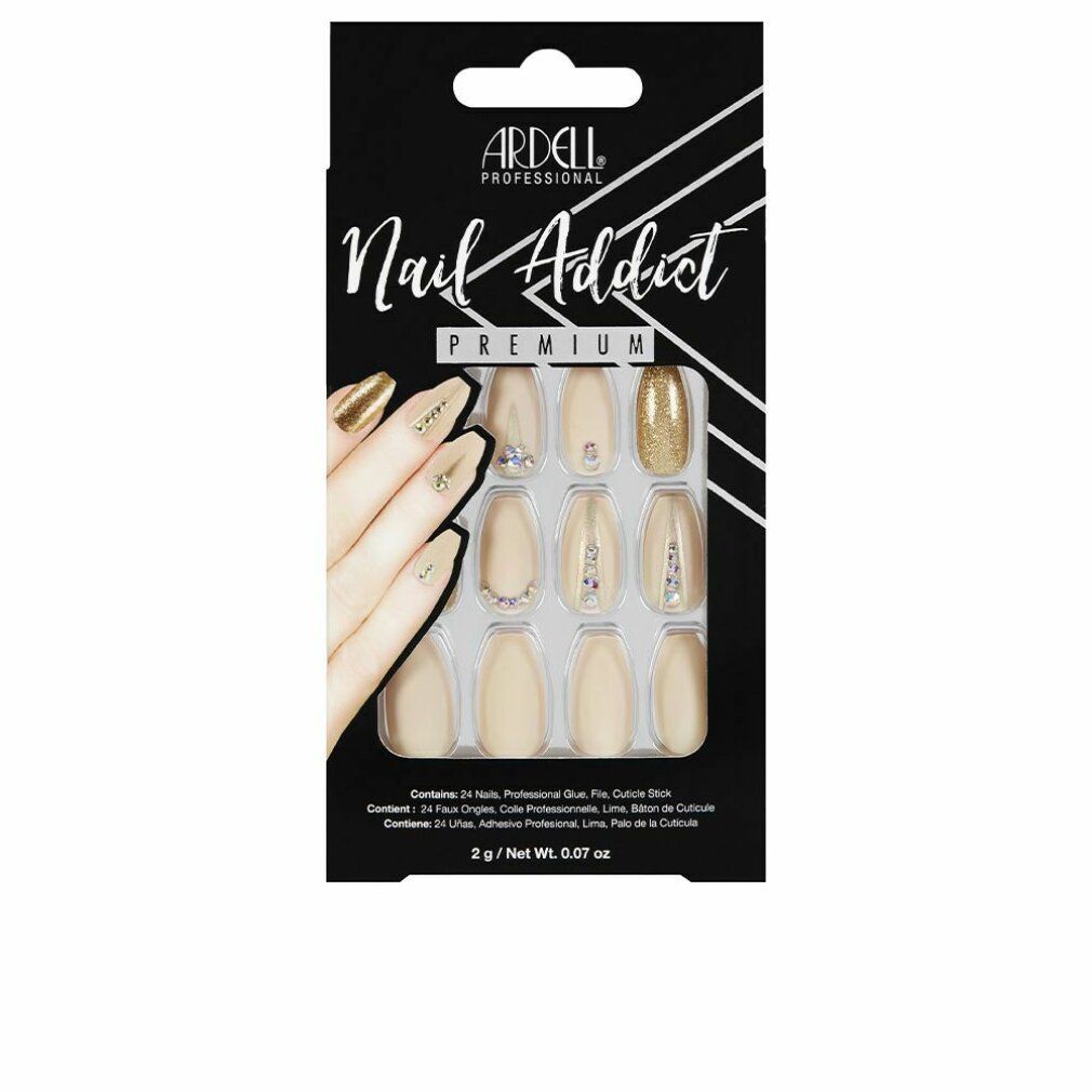 Ardell Nail Addict Premium Kunstnägel. Beige und goldfarbene Nägel mit Schmucksteinen. Schwarze Verpackung mit Produktnamen.
