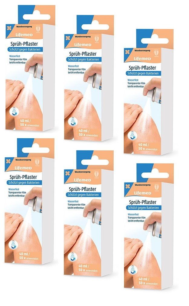 Sechs Packungen Lifemed Sprüh-Pflaster, transparent, 40 ml.